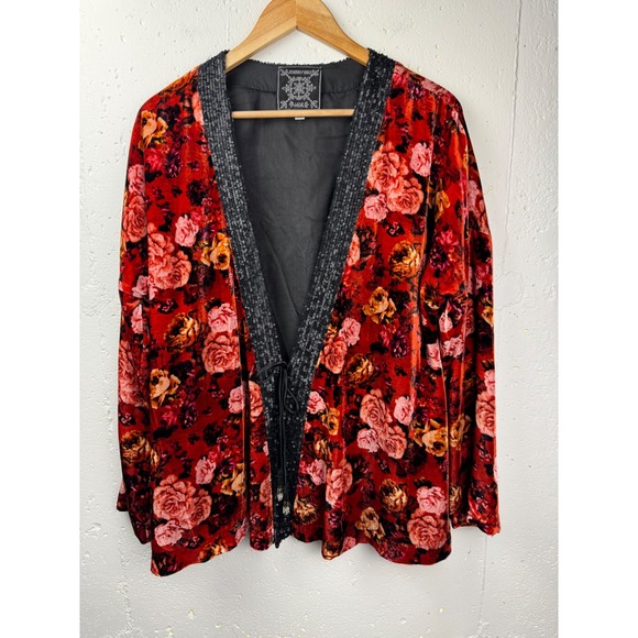 Johnny Was Women's Billie Short Kimono Velvet Floral Open Front Jacket Red Small - Picture 2 of 11